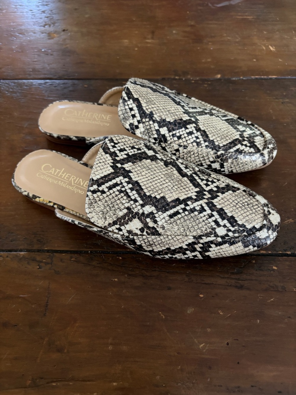 Catherines Women's Snake-Print Slip-On Mules in Black and Cream